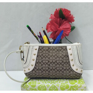 Coach Mini C Brown Canvas Leather Trim Studded Zipper Wristlet - Coin Wallet